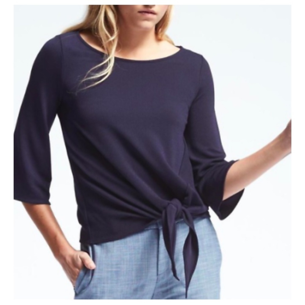 Banana Republic Navy Blue Tie Front Crepe 3/4 Sleeve Top Blouse